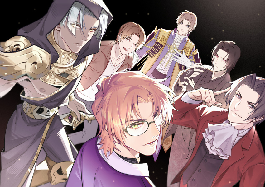 6+boys, ascot, black_background, bracelet, brown_eyes, brown_hair, brown_vest, character_request, chuuzenji_akihiko, cravat, fusaishi_haruaki, glasses, gloves, grey_eyes, gyakuten_saiban, hades_(game), hand_up, heshikiri_hasebe, hood, jewelry, kyogokudo, kyougoku_natsuhiko, looking_back, male_focus, meitantei_conan, mitsurugi_reiji, multiple_boys, nipples, okiya_subaru, pectorals, pink_hair, raging_loop, red_eyes, robe, short_hair, silver_hair, smile, star_(symbol), sword, thanatos_(hades), touken_ranbu, trait_connection, ubume_no_natsu, vest, weapon, white_gloves, yellow_eyes