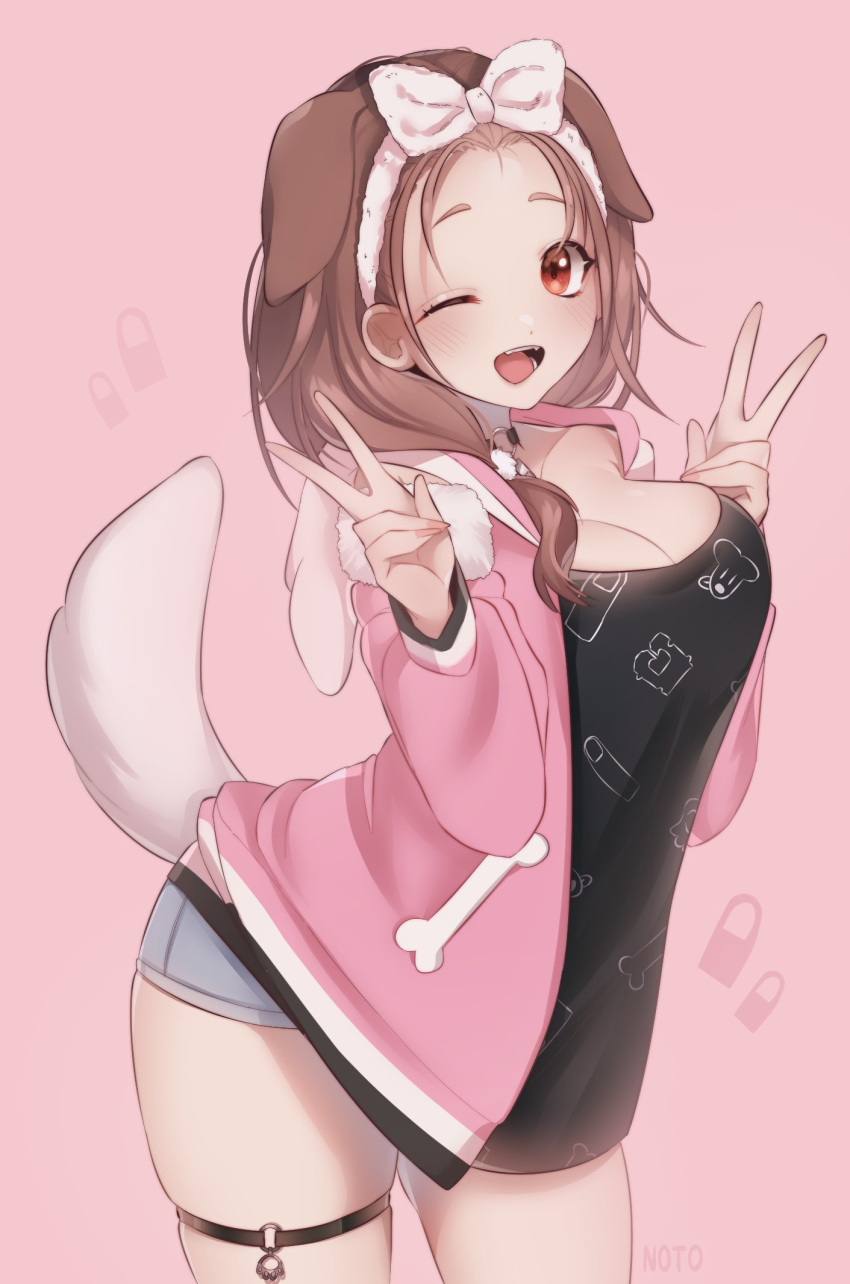 1girl, ;d, animal_ears, artist_name, black_camisole, blue_shorts, blush, bone_print, bow, bow_hairband, breasts, brown_eyes, brown_hair, camisole, collar, commentary_request, cropped_legs, denim, denim_shorts, dog_ears, dog_girl, dog_tail, double_v, hairband, hands_up, highres, hololive, hood, hoodie, inugami_korone, leg_garter, medium_breasts, medium_hair, mixed-language_commentary, noto_hams, one_eye_closed, open_mouth, pink_background, pink_hoodie, shorts, simple_background, smile, solo, standing, tail, teeth, thighs, v, white_bow, white_tail