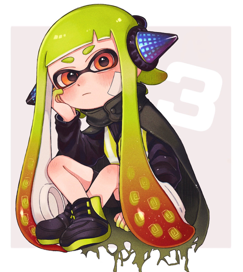 1girl, aoaza_83, bandage_on_face, bandages, bangs, black_footwear, black_shorts, blunt_bangs