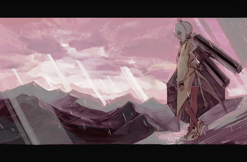 1girl, absurdres, arknights, bags_under_eyes, camel_ears, camel_tail, clouds, cloudy_sky
