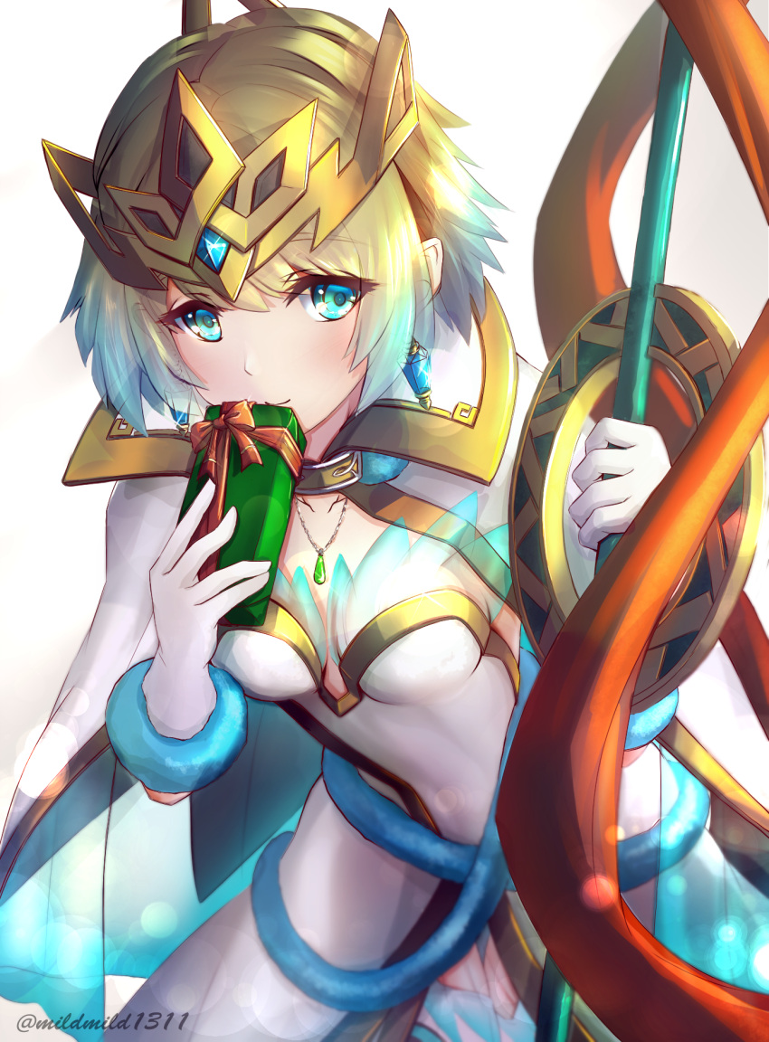 1girl, alternate_costume, bangs, blonde_hair, blue_eyes, blue_hair, blush, box, breasts, cape, christmas, clear_glass_(mildmild1311), closed_mouth, commentary_request, crown, dress, earrings, eyebrows_visible_through_hair, fire_emblem, fire_emblem_heroes, fjorm_(fire_emblem), gift, gift_box, gloves, gradient_hair, hair_between_eyes, hair_ornament, highres, holding, holding_gift, holding_staff, holding_weapon, jewelry, looking_at_viewer, medium_breasts, multicolored_hair, pendant, short_hair, simple_background, sleeveless, sleeveless_dress, solo, staff, twitter_username, two-tone_hair, weapon, white_background, white_cape, white_dress, white_gloves