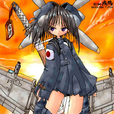 airplane, dusk, lowres, mecha_musume, military, nakajima_ki-84_hayate, oekaki, omamori