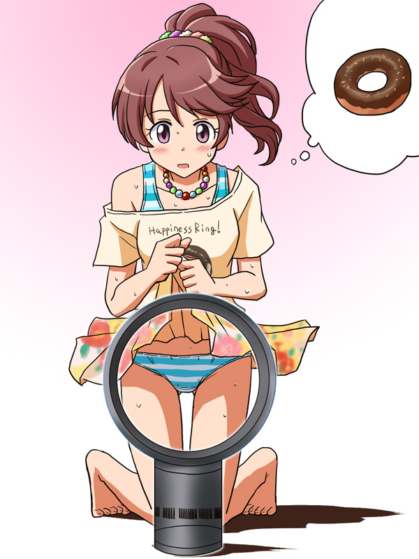 1girl, ass_visible_through_thighs, bangs, barefoot, bead_necklace, beads, bladeless_fan, blush