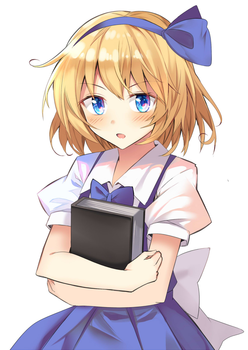 1girl, alice_margatroid, alice_margatroid_(pc-98), bangs, blonde_hair, blue_bow, blue_dress, blue_eyes