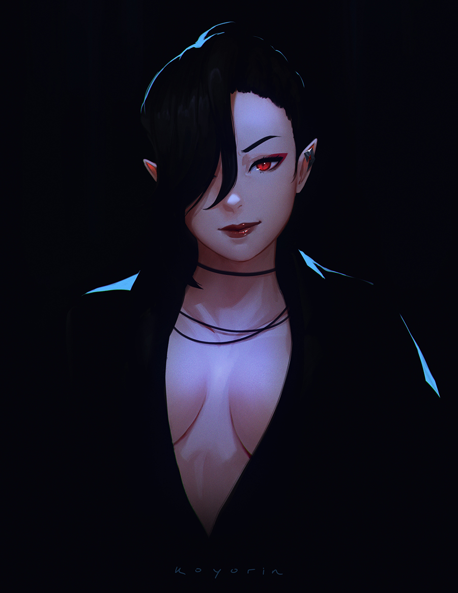 1girl, black_hair, breasts, dark_background, earrings, elezen, elf, final_fantasy