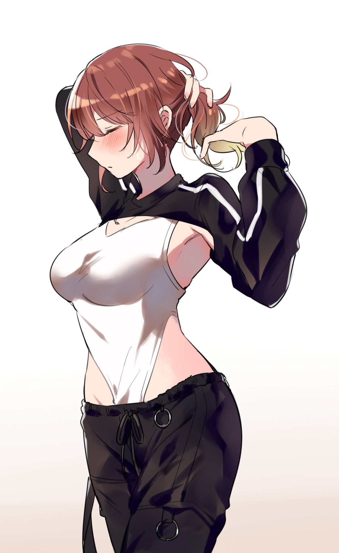 1girl, adjusting_hair, aketa_mikoto, armpits, beeftanizoko, black_pants, blonde_hair, blush