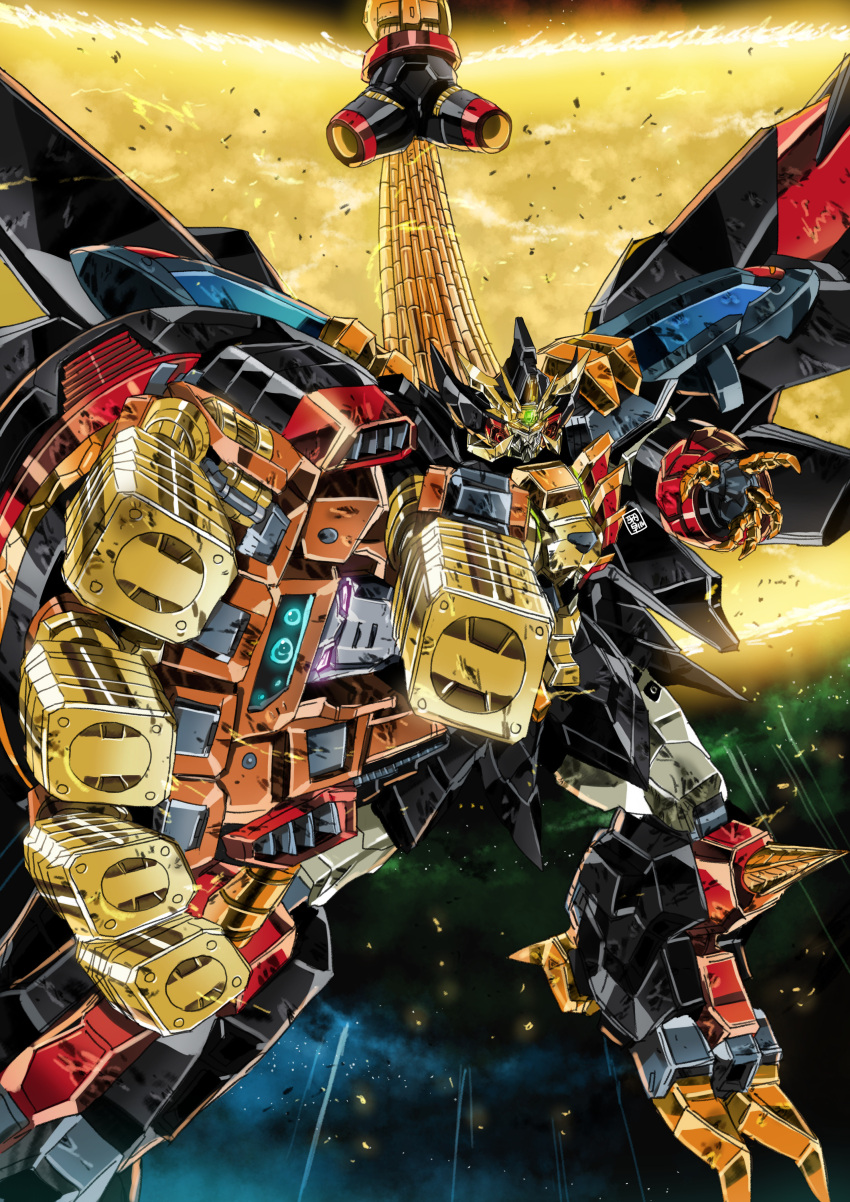 absurdres, drill, energy_wings, final_gaogaigar, garimpeiro, glowing, glowing_eyes, hakaiou:_gaogaigar_vs._betterman, highres, looking_at_viewer, mecha, no_humans, open_hands, orange_eyes, space, super_robot, v-fin, yuusha_ou_gaogaigar, yuusha_series