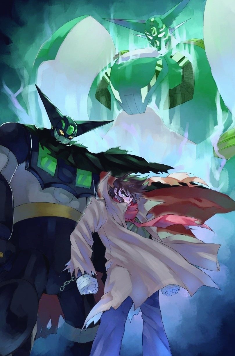 1boy, bandaged_hands, bandages, black_getter, black_hair, brown_jacket, clenched_hands, getter_robo