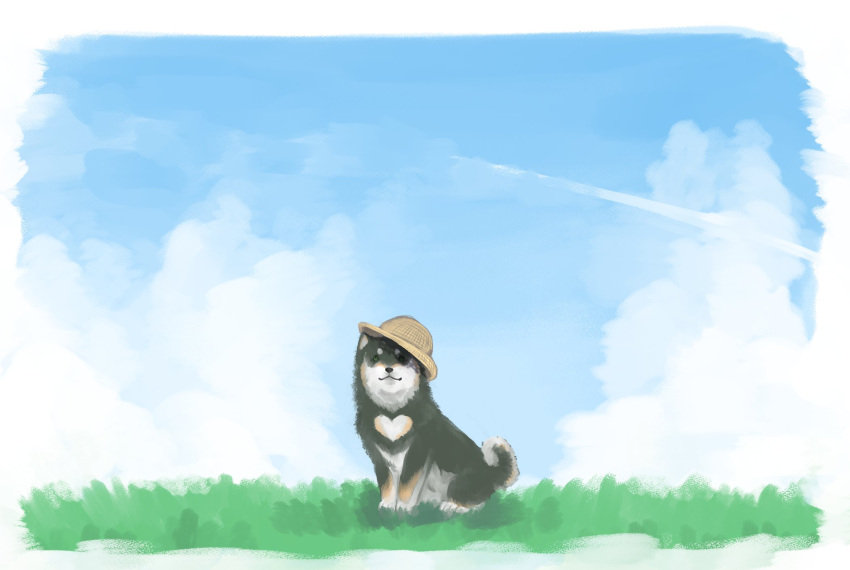 black_eyes, clouds, dog, hat, highres, kuroi_shiba, kuroi_shiba_(artist), looking_at_viewer
