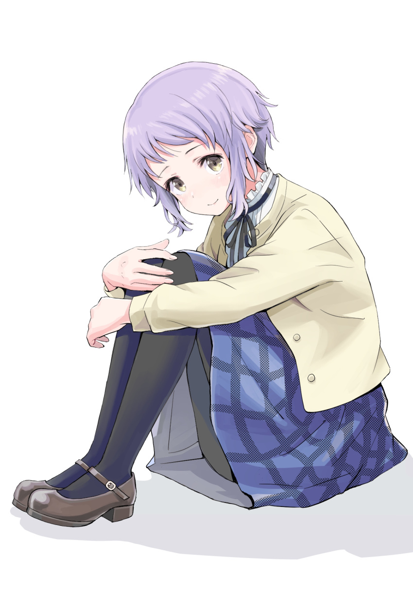 1girl, black_legwear, blue_skirt, closed_mouth, collar, frilled_collar, frills, full_body