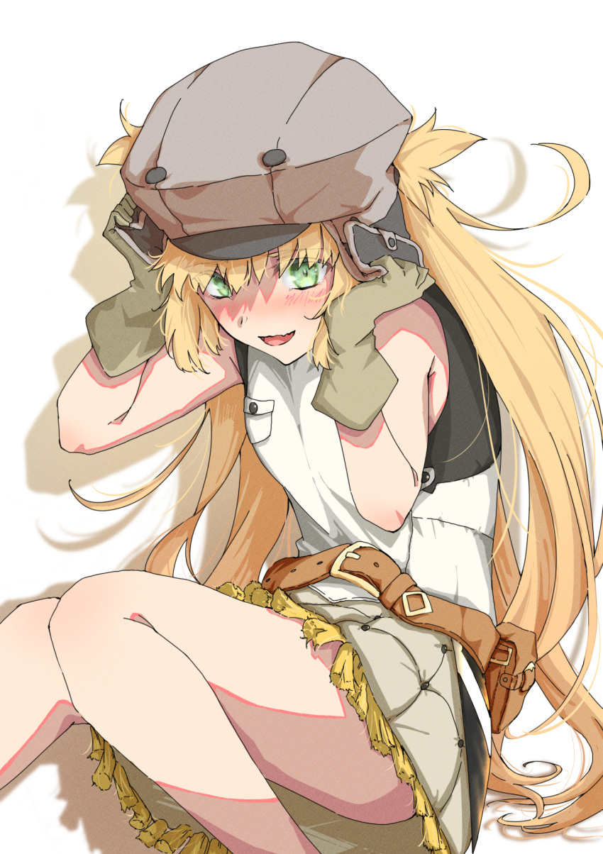 1girl, anianiani0607, artoria_pendragon_(all), artoria_pendragon_(caster)_(fate), belt, belt_buckle, blonde_hair, blush, breast_pocket, buckle, fate/grand_order, fate_(series), gloves, green_eyes, hat, highres, long_hair, pocket, saber, shirt, sitting, smile, type-moon, white_shirt