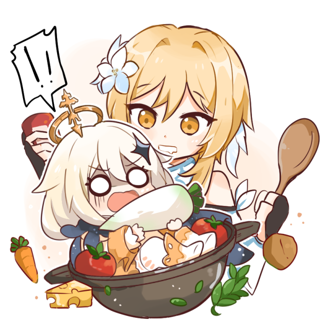 2girls, bangs, bare_shoulders, blonde_hair, carrot, cheese, chibi, daikon