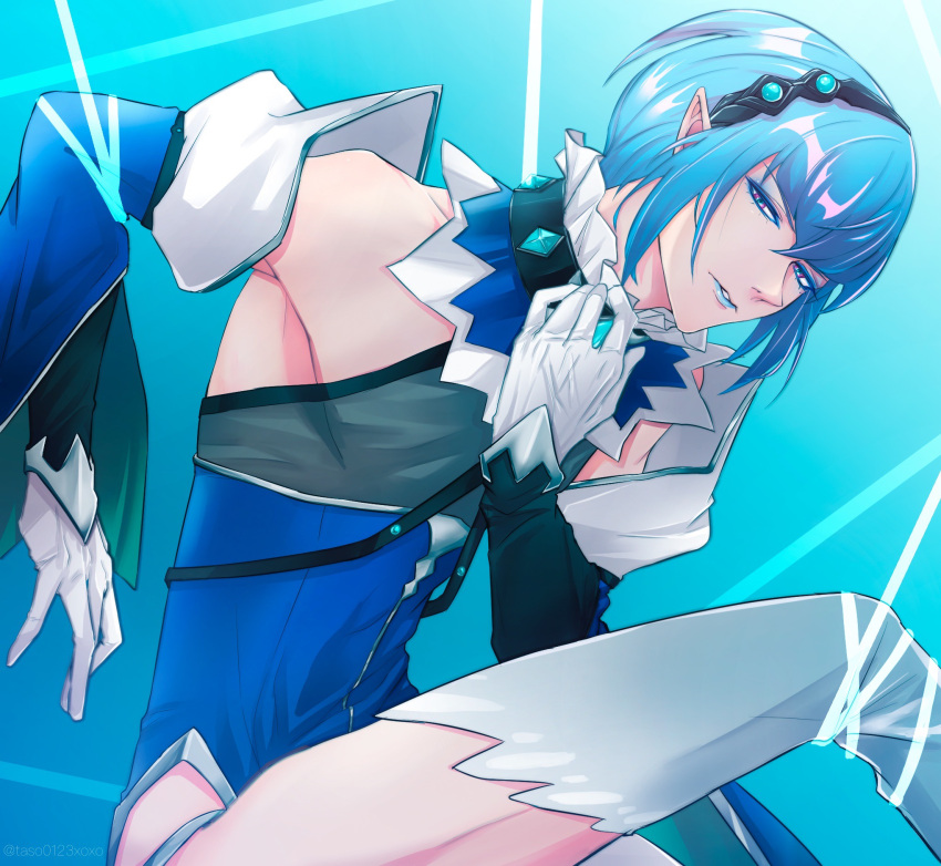 1boy, blue_background, blue_eyes, blue_lips, bound, fairy_ranmaru:anata_no_kokoro_otasuke_shimasu, gloves, hairband, hand_up, highres, jewelry, looking_at_viewer, male_focus, pointy_ears, reika-poison, rope, seiren_uruu, short_hair, solo, thigh-highs, white_gloves