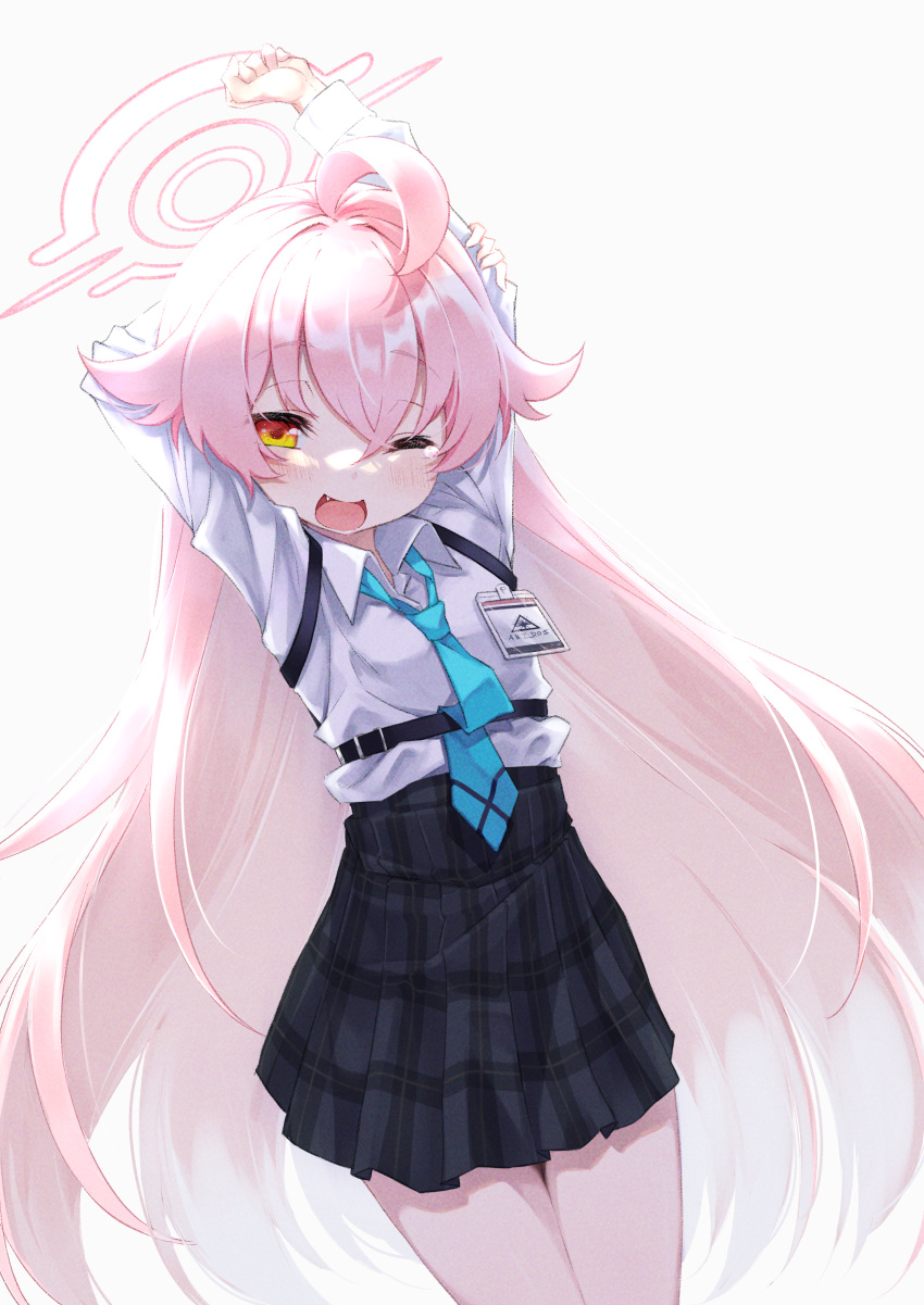 1girl, absurdres, ahoge, arms_up, backlighting, badge, bangs, blue_archive