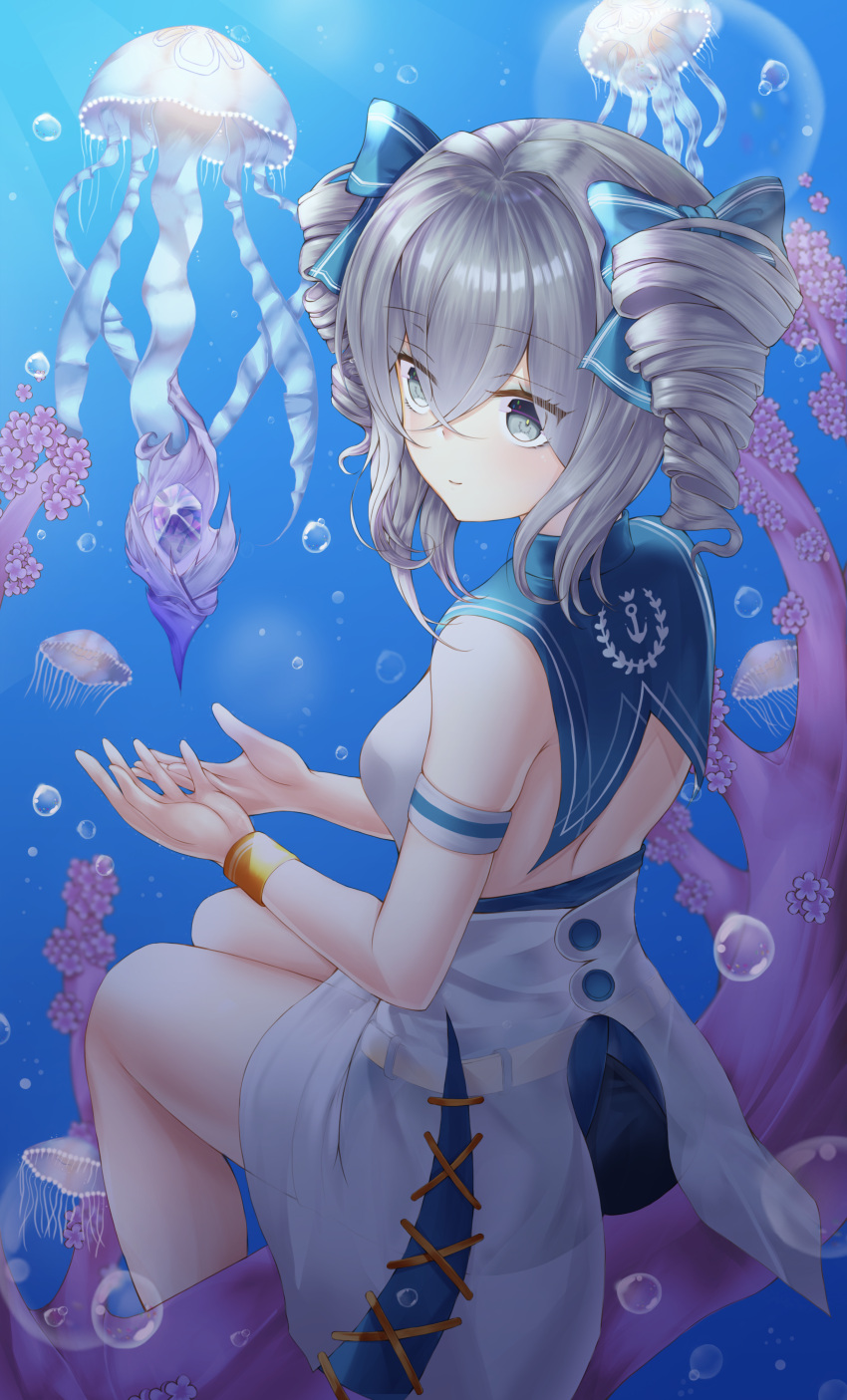 1girl, absurdres, back, bailase, bangs, bare_shoulders, bronya_zaychik, bronya_zaychik_(valkyrie_chariot)