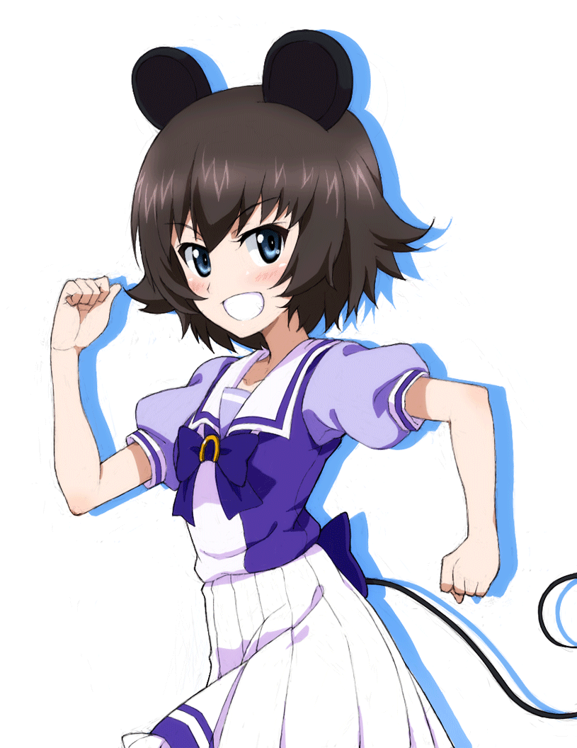 1girl, animal_ears, back_bow, blue_eyes, blue_shirt, bow, bowtie, brown_hair