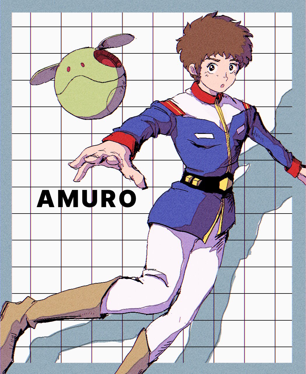 1boy, :o, amuro_ray, belt, blue_jacket, boots, brown_eyes, brown_footwear, character_name, emeco, gundam, hair_behind_ear, haro, highres, jacket, looking_at_viewer, male_focus, mobile_suit_gundam, open_hand, open_mouth, pants, robot, science_fiction, solo_focus, white_pants