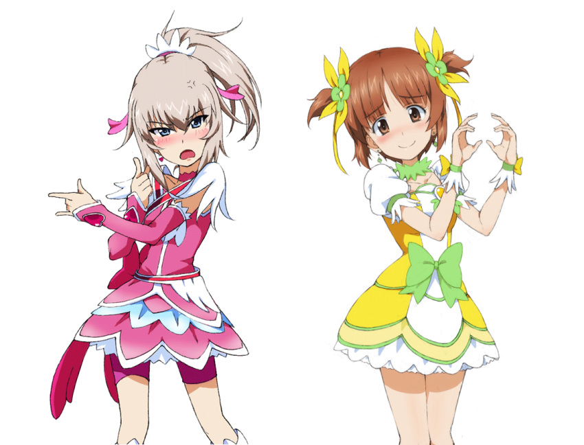 2girls, \m/, alternate_hairstyle, anger_vein, bangs, bike_shorts, blue_eyes, blush