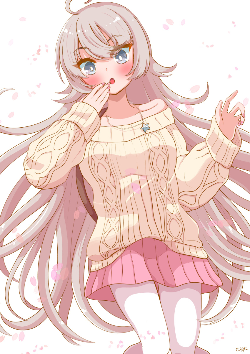 1girl, :o, absurdres, ahoge, bangs, blue_eyes, blush, breasts, grey_hair, highres, jewelry, kantai_collection, long_hair, long_sleeves, medium_breasts, necklace, official_alternate_costume, one-hour_drawing_challenge, open_mouth, pantyhose, petals, pink_skirt, pista_land, pleated_skirt, signature, simple_background, skirt, solo, star_(symbol), star_necklace, sweater, very_long_hair, washington_(kancolle), white_background, white_legwear