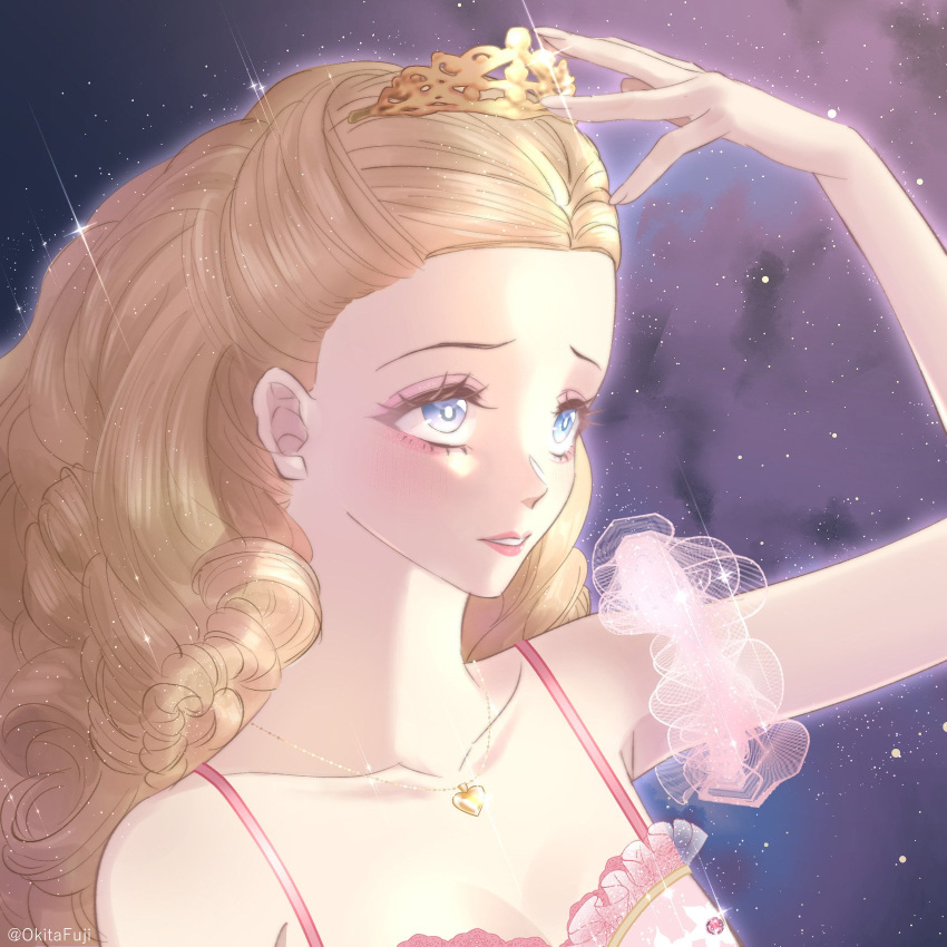 1girl, ballerina, ballet, barbie_(character), barbie_(franchise), barbie_in_the_nutcracker, barbie_movies, blonde_hair, blue_eyes, clara_(barbie), clara_(the_nutcracker), corset, crown, curly_hair, eyelashes, frilled_sleeves, frills, gold_necklace, hand_on_headwear, heart, heart_necklace, highres, jewelry, lace_trim, locket, looking_up, okitafuji, pendant, pink_lips, princess, purple_background, ringlets, solo, spaghetti_strap, sparkle, sparkle_background, tiara