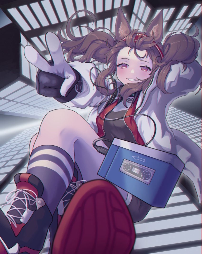 1girl, absurdres, angelina_(arknights), animal_ears, arknights, bare_legs, black_footwear, black_gloves