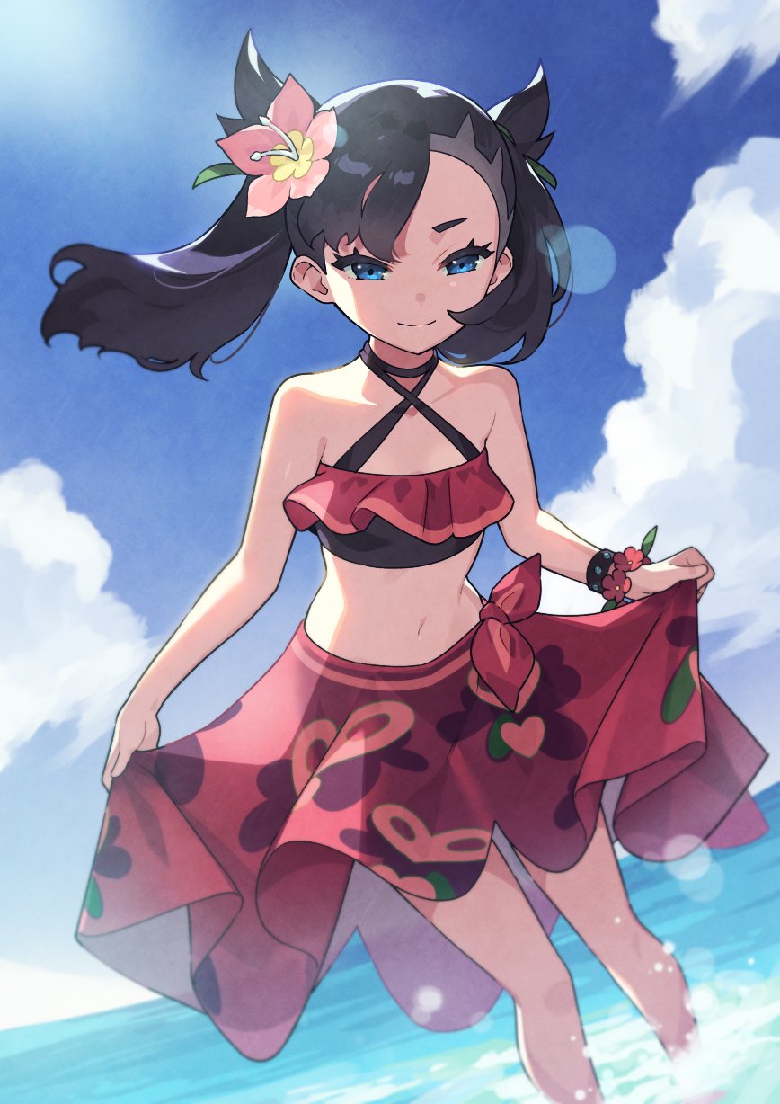 1girl, asymmetrical_bangs, bangs, bare_shoulders, bikini, black_hair, blue_eyes, bracelet