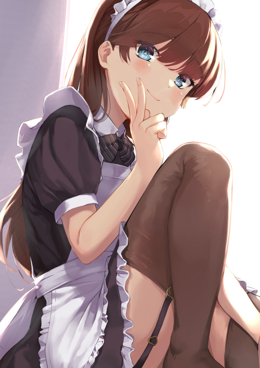 1girl, apron, bangs, black_bow, black_shirt, blue_eyes, blush, bow