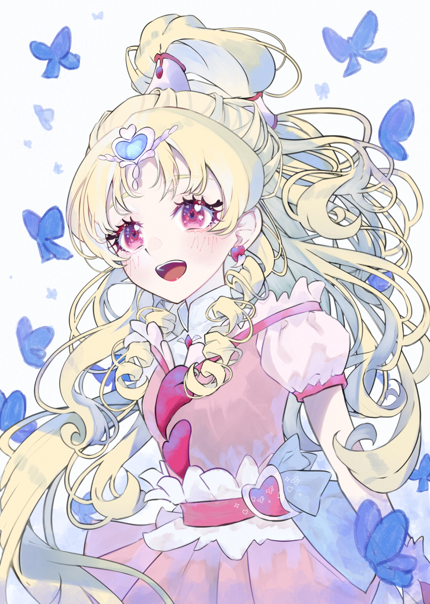 1girl, absurdres, amino_(li0a4), belt, blonde_hair, blush, bug, butterfly, cure_tomorrow, earrings, floating_hair, hair_ornament, heart, heart_hair_ornament, high_ponytail, highres, huge_filesize, hugtto!_precure, insect, jewelry, long_hair, miniskirt, pink_skirt, pleated_skirt, precure, red_eyes, short_sleeves, skirt, solo, standing, very_long_hair
