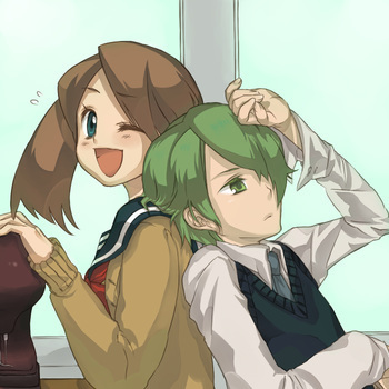 1boy, 1girl, ;d, alternate_costume, blue_eyes, brown_hair, cardigan, drew_(pokemon)
