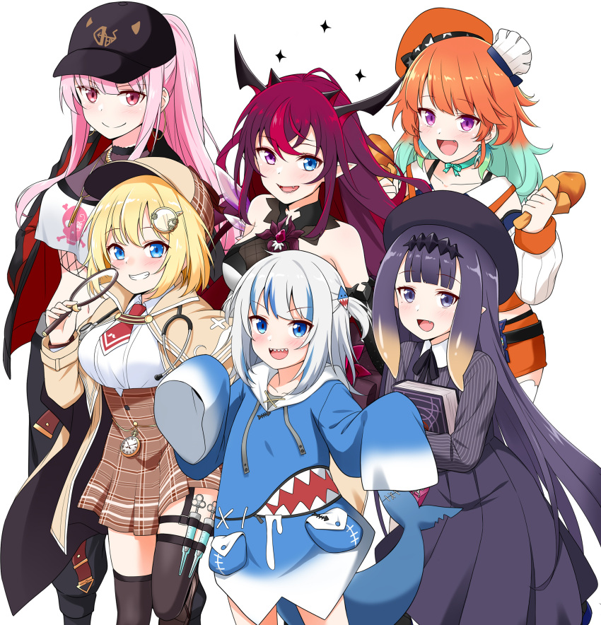 6+girls, :d, absurdres, animal_hood, aqua_hair, black_headwear, black_legwear, blonde_hair