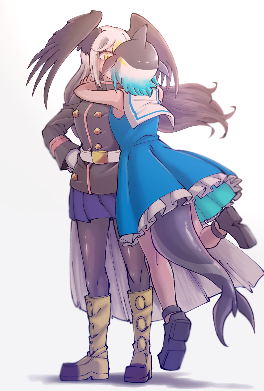 2girls, absurdres, aqua_hair, arm_around_neck, bald_eagle_(kemono_friends), bare_arms, bare_shoulders, belt