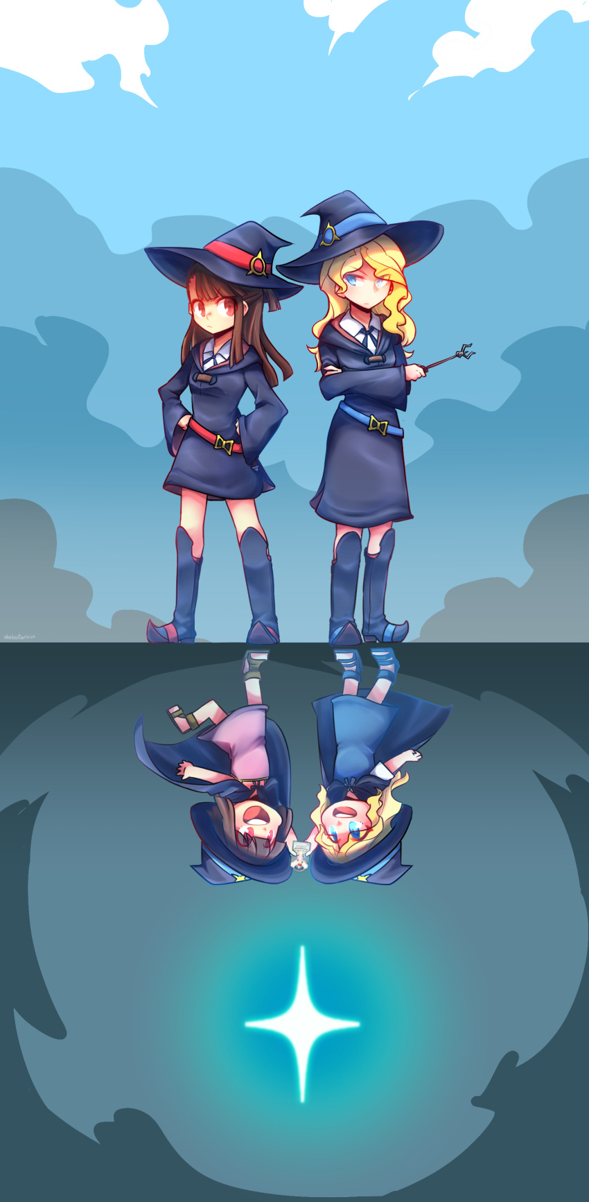 2girls, absurdres, bangs, belt, blonde_hair, blue_eyes, boots, brown_hair, cape, card, child, collared_shirt, costume, crossed_arms, day, diana_cavendish, different_reflection, dress, eyebrows_visible_through_hair, friends, frown, glaring, hands_on_hips, happy, hat, highres, holding, holding_card, holding_wand, kagari_atsuko, little_witch_academia, looking_up, luna_nova_school_uniform, multiple_girls, nekotaririn, night, open_mouth, purple_dress, red_eyes, reflection, rivalry, sandals, school_uniform, shirt, side-by-side, sky, star_(sky), wand, white_shirt, witch, witch_hat, younger