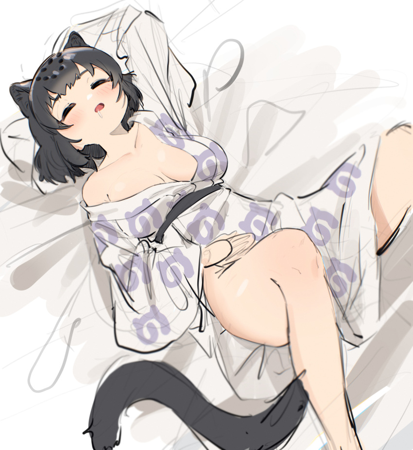 1girl, absurdres, animal_ear_fluff, animal_ears, bed_sheet, black_hair, black_jaguar_(kemono_friends), blush