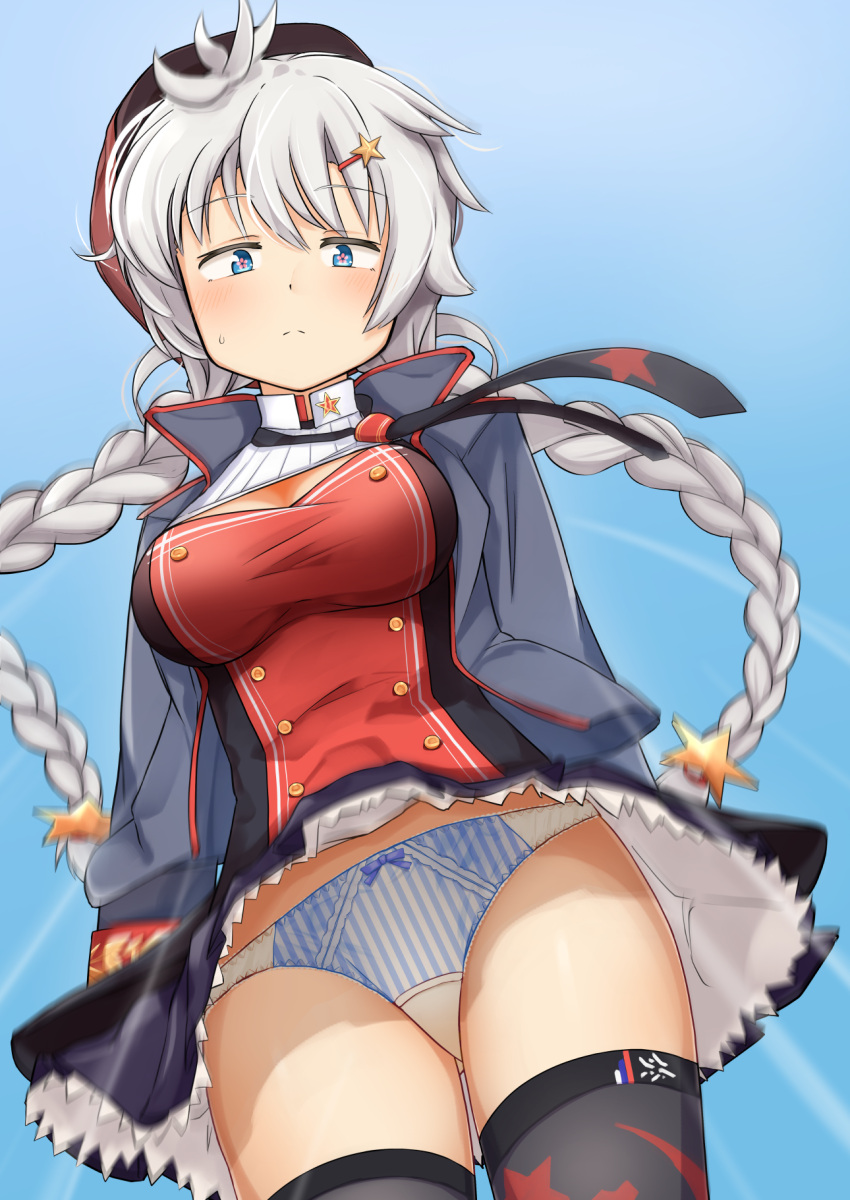 1girl, black_legwear, black_neckwear, blue_background, blue_eyes, braid, breasts, frilled_skirt