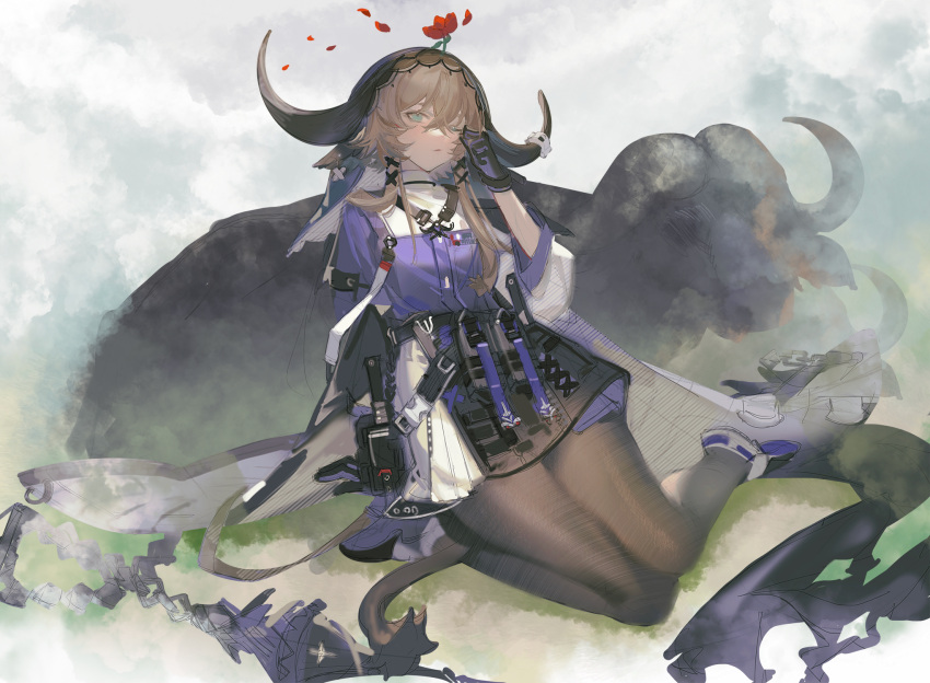 1girl, animal, arknights, black_gloves, black_legwear, brown_hair, buffalo, chain