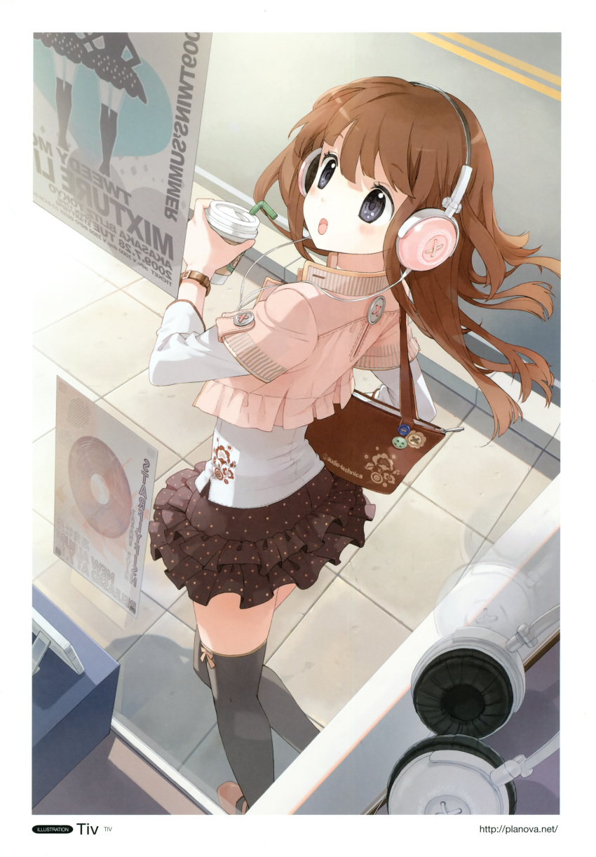 absurdres, audio-technica, bag, blush, brown_hair, grey_eyes, headphones, highres