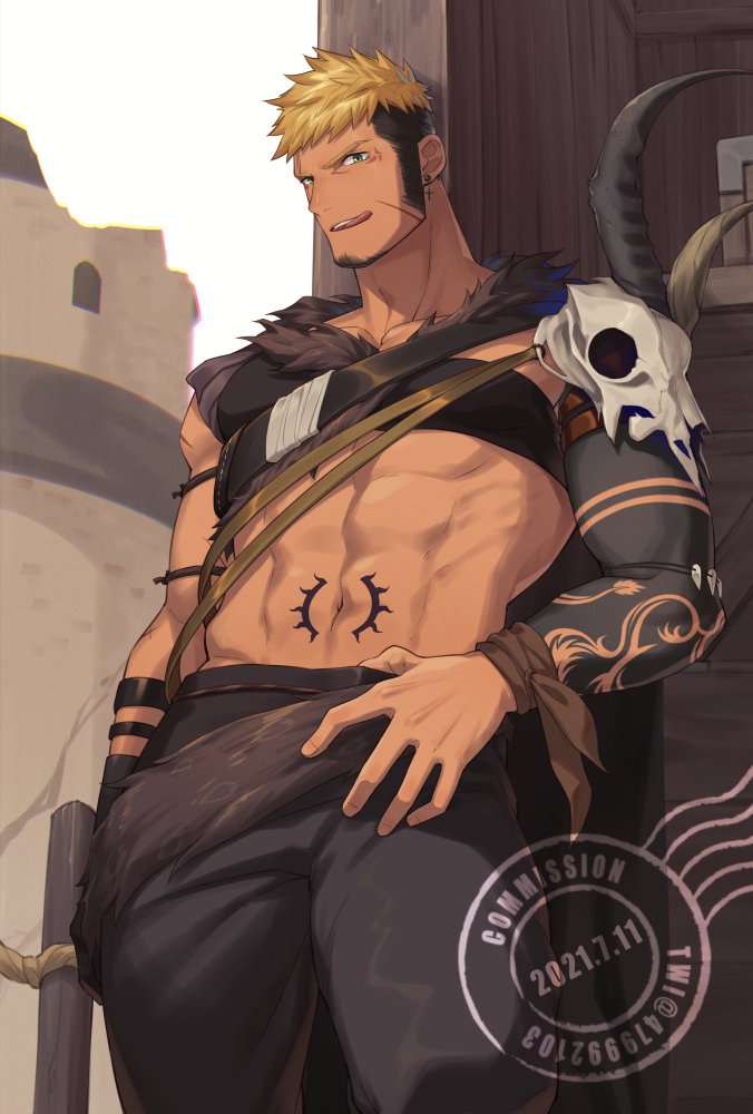1boy, 47, abs, animal_skull, arm_tattoo, artist_name, black_pants, blonde_hair