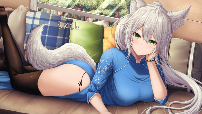 1girl, animal_ear_fluff, animal_ears, bead_bracelet, beads, blue_dress, borrowed_character, bracelet, breasts, brown_legwear, buran_(22x), cheek_rest, commission, dress, expressionless, fox_ears, fox_girl, fox_tail, highres, jewelry, large_breasts, leg_up, lying, no_shoes, on_stomach, original, panties, parted_lips, pelvic_curtain, pillow, ponytail, side-tie_panties, side-tie_peek, skeb_commission, solo, tail, thigh-highs, thighs, underwear, vietnamese_dress