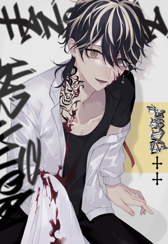 1boy, bangs, black_eyes, black_hair, black_pants, black_shirt, blonde_hair, blood