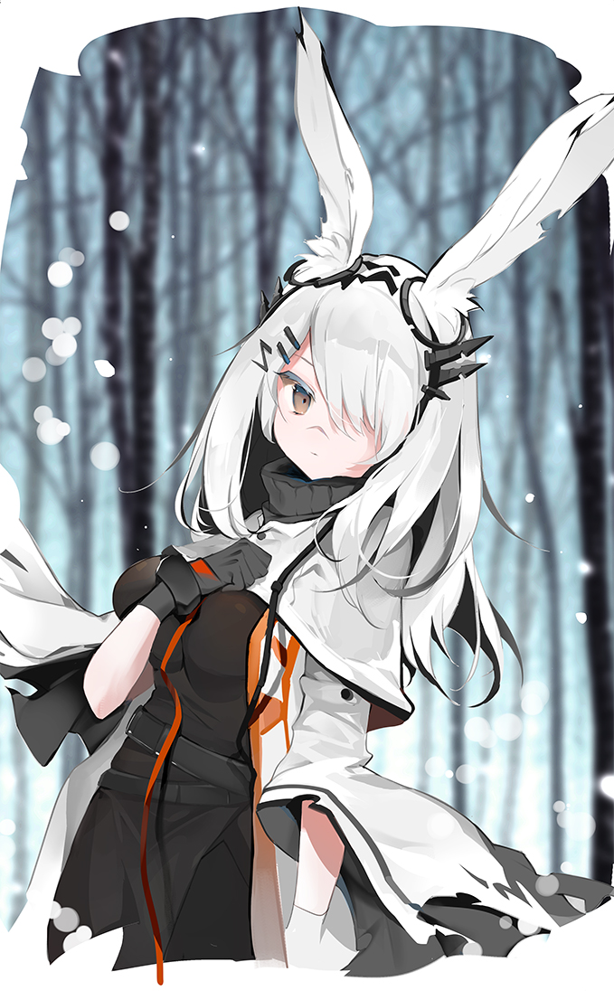 1girl, animal_ears, arknights, bla_(artist), black_dress, black_gloves, breasts, capelet, closed_mouth, commentary, dress, expressionless, frostnova_(arknights), gloves, hair_over_one_eye, long_hair, rabbit_ears, scar, solo, turtleneck, white_hair