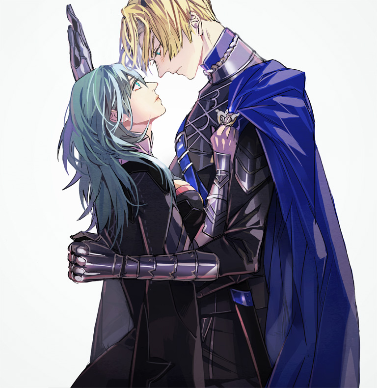 1boy, 1girl, amu_(nsk0), aqua_eyes, armor, black_shirt, blonde_hair, blue_cape