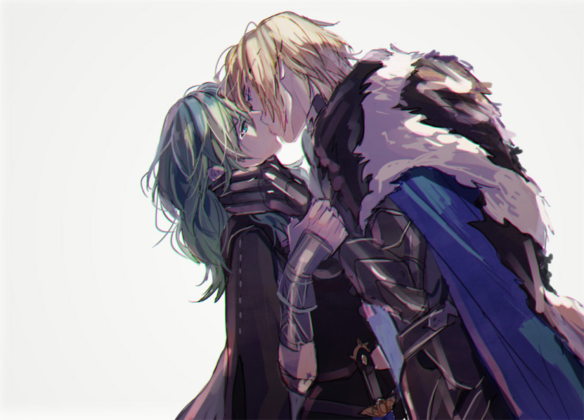 1boy, 1girl, amu_(nsk0), aqua_hair, blonde_hair, blue_cape, blue_eyes, byleth_(fire_emblem)