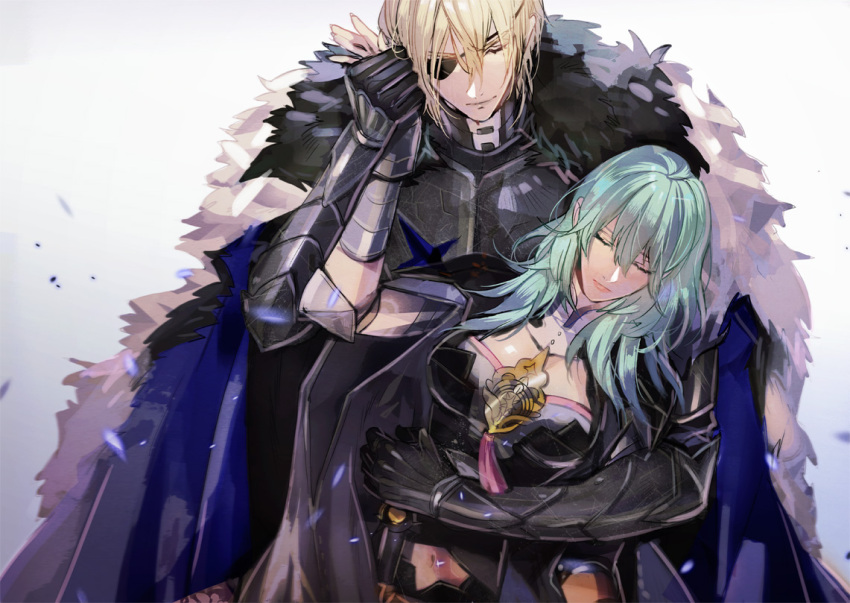1boy, 1girl, amu_(nsk0), aqua_hair, armor, bangs, black_eyepatch, blonde_hair