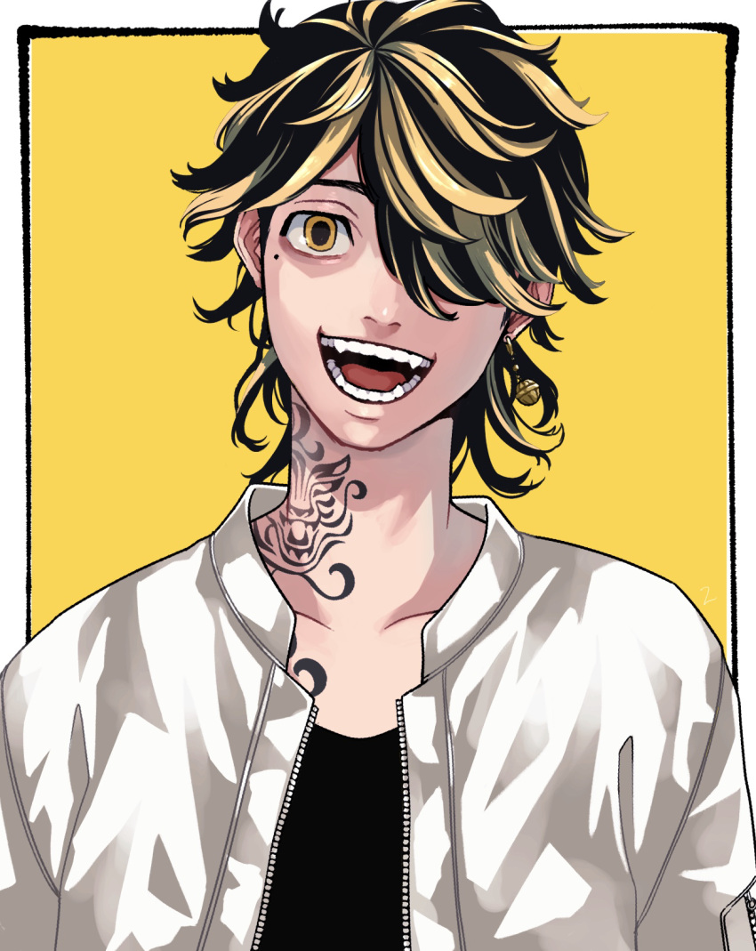 1boy, black_hair, black_shirt, blonde_hair, collarbone, earrings, hair_over_one_eye, hanemiya_kazutora