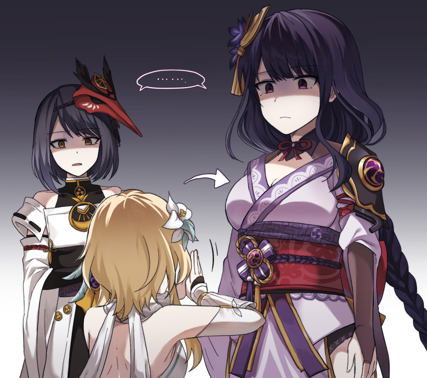 3girls, begging, blonde_hair, bob_cut, braid, braided_ponytail, disgust, dress