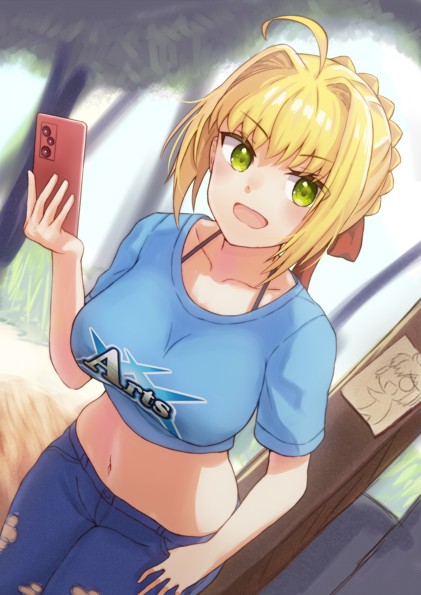 1girl, :d, absurdres, ahoge, alternate_costume, arts_shirt, bangs, blonde_hair, blue_shirt, bra_strap, breasts, cellphone, collarbone, cowboy_shot, crop_top, denim, drawing, english_text, eyebrows_visible_through_hair, fate/extra, fate/grand_order, fate_(series), from_above, green_eyes, hair_ribbon, hand_in_pocket, hand_up, highres, holding, holding_phone, jeans, large_breasts, long_hair, looking_at_viewer, midriff, navel, nero_claudius_(fate), nero_claudius_(fate)_(all), open_mouth, pants, phone, red_ribbon, reijgr_(ff9999x), ribbon, shadow, shirt, short_sleeves, smartphone, smile, solo, tied_hair, torn_clothes, torn_jeans, torn_pants, tree