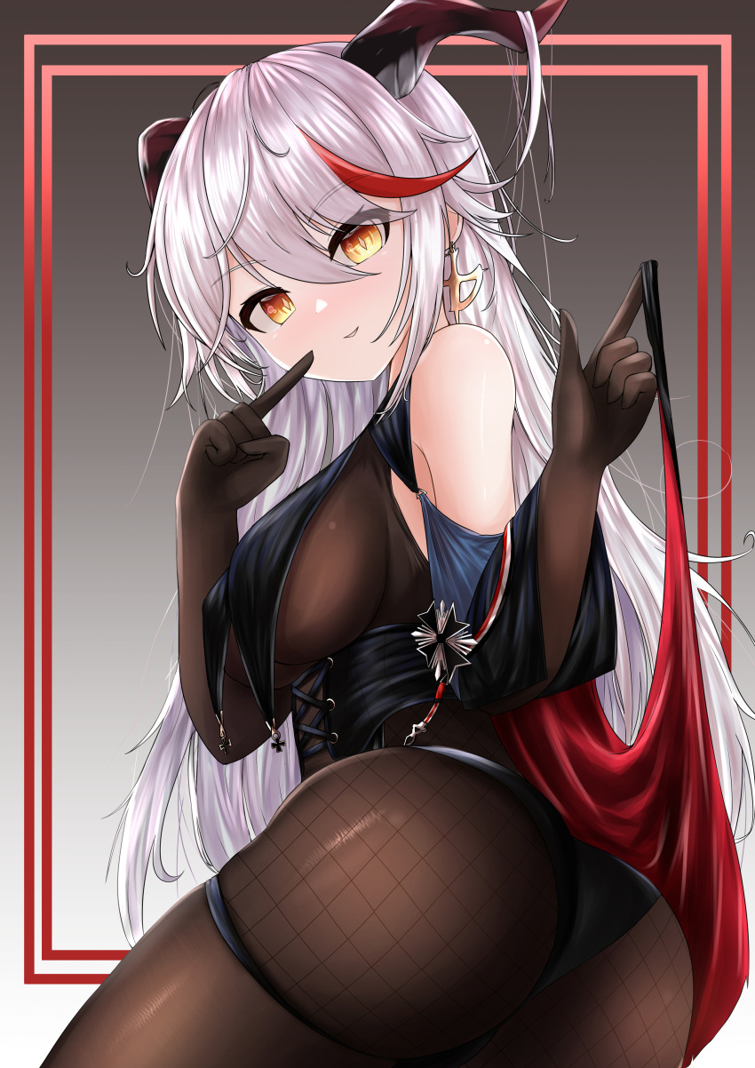 1girl, absurdres, aegir_(azur_lane), ass, azur_lane, bare_shoulders, black_cape, black_gloves, black_panties, bodystocking, breast_curtains, breasts, cape, demon_horns, eyebrows_visible_through_hair, finger_to_mouth, gloves, hair_between_eyes, highres, horns, iron_cross, large_breasts, long_hair, looking_at_viewer, looking_back, medal, min1910, multicolored_hair, panties, red_cape, redhead, simple_background, skindentation, solo, streaked_hair, two-tone_cape, two-tone_hair, underwear, white_hair, yellow_eyes