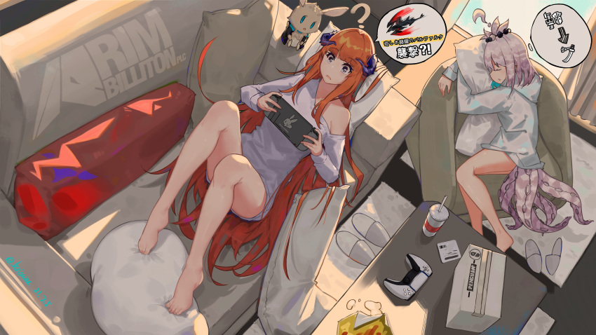 2girls, ?, absurdres, airnery, arknights, bagpipe_(arknights), bare_legs, commentary