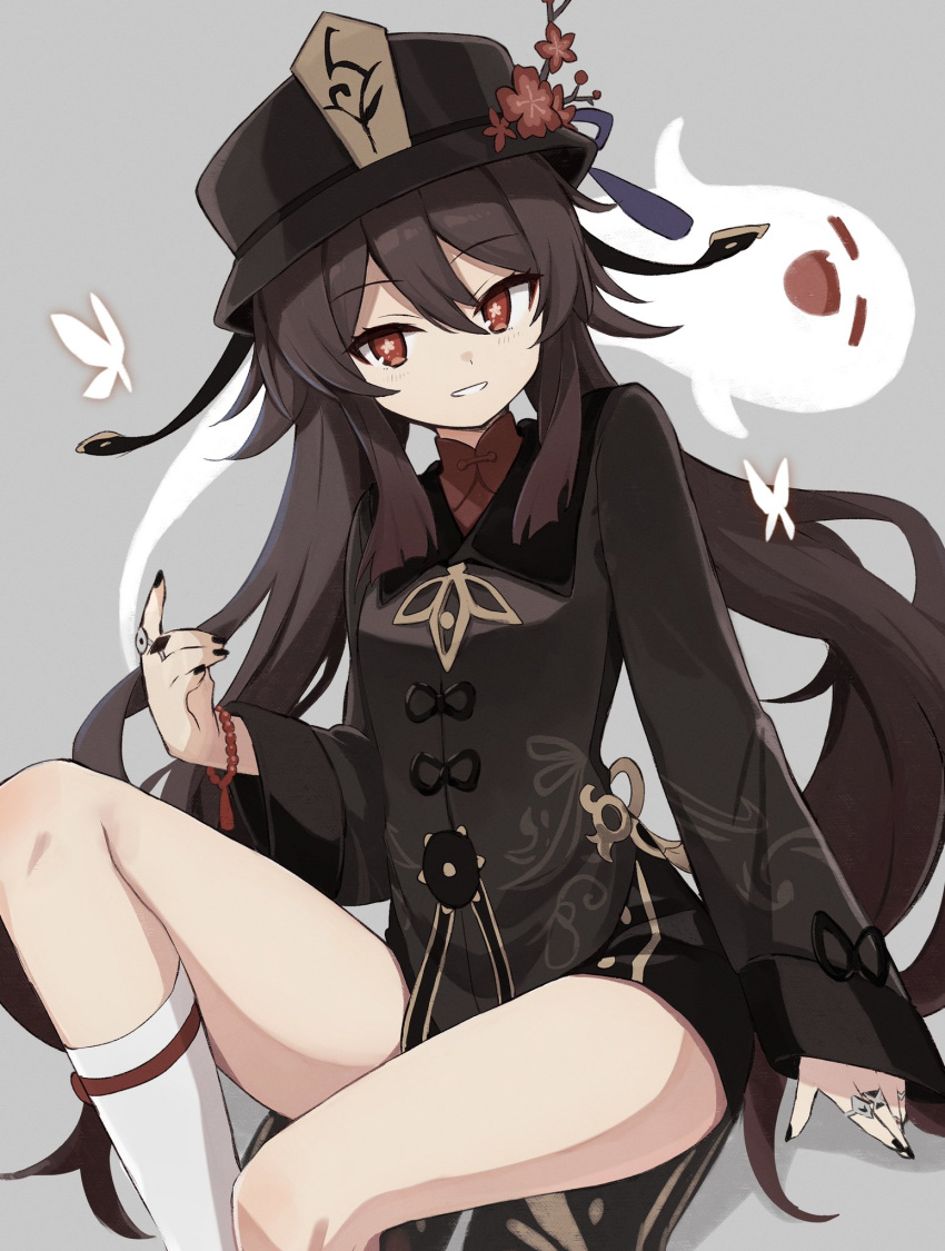 1girl, black_hair, black_headwear, black_nails, black_shirt, black_shorts, collared_shirt, flower