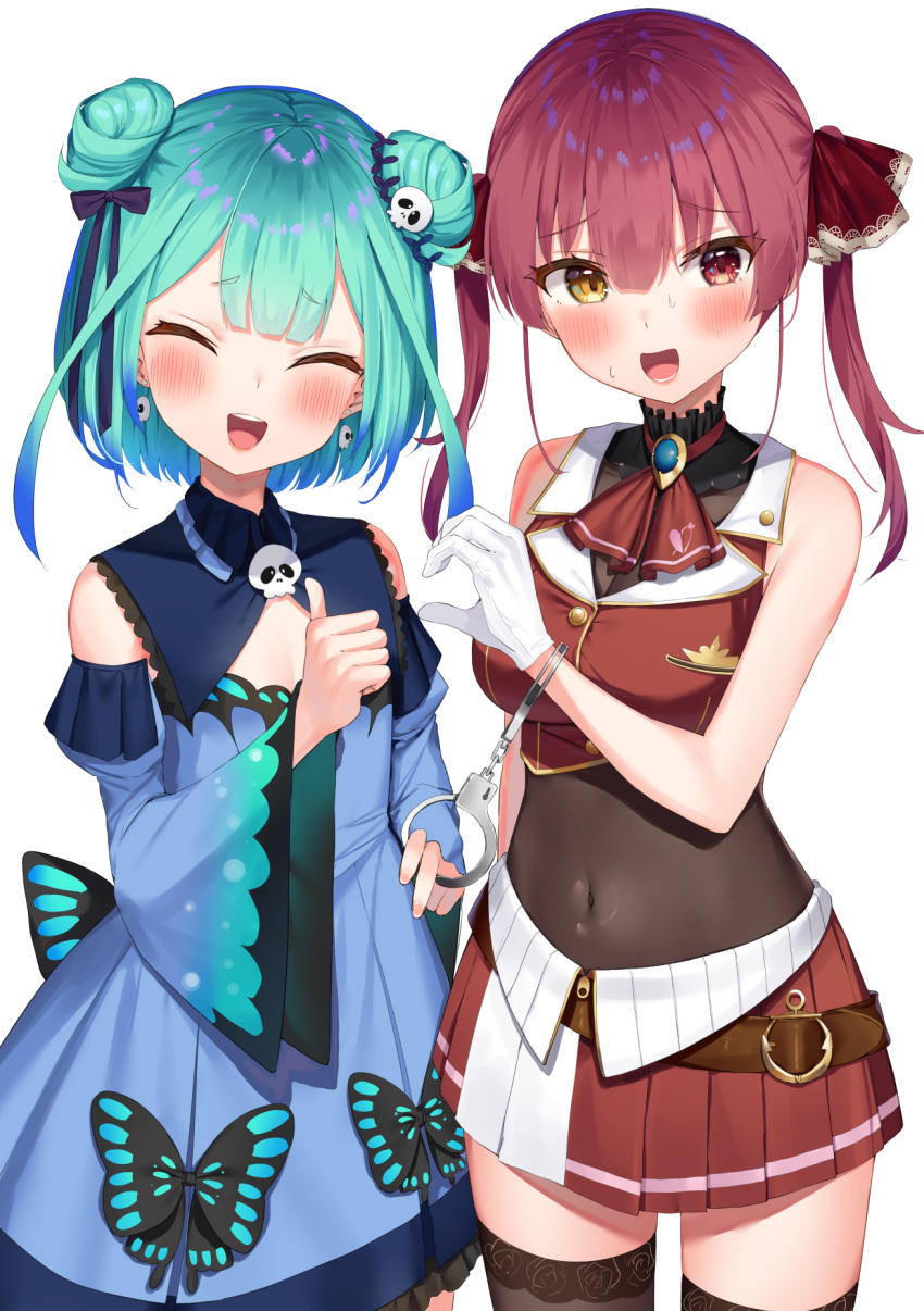 2girls, bangs, black_legwear, blue_dress, blue_hair, blush, bow, breasts